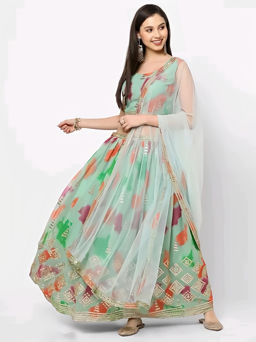 Poly Georgette Lehenga - Spring Rain, Semi Stitched, Free