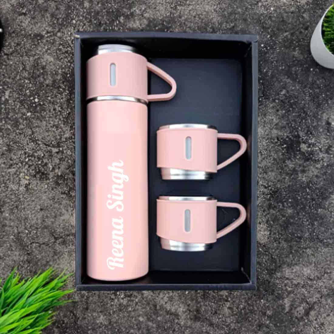 Personalized Thermos Cup For Tea Flask Gift Box Set Stainless Steel Flask  - Pink