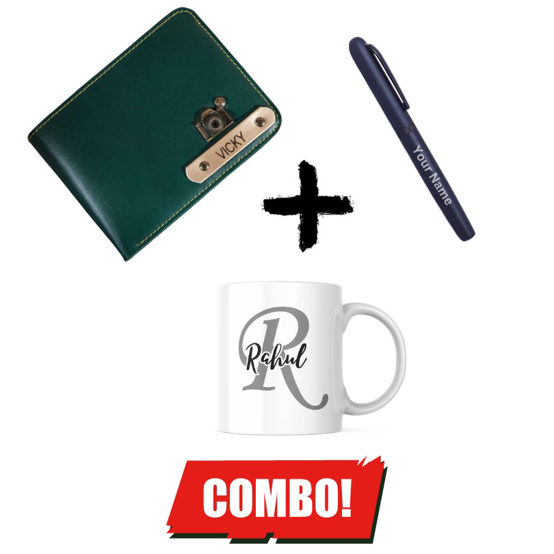 Personalized Men's Wallet + Magnetic Pen + Mug Combo  Hamper - Green