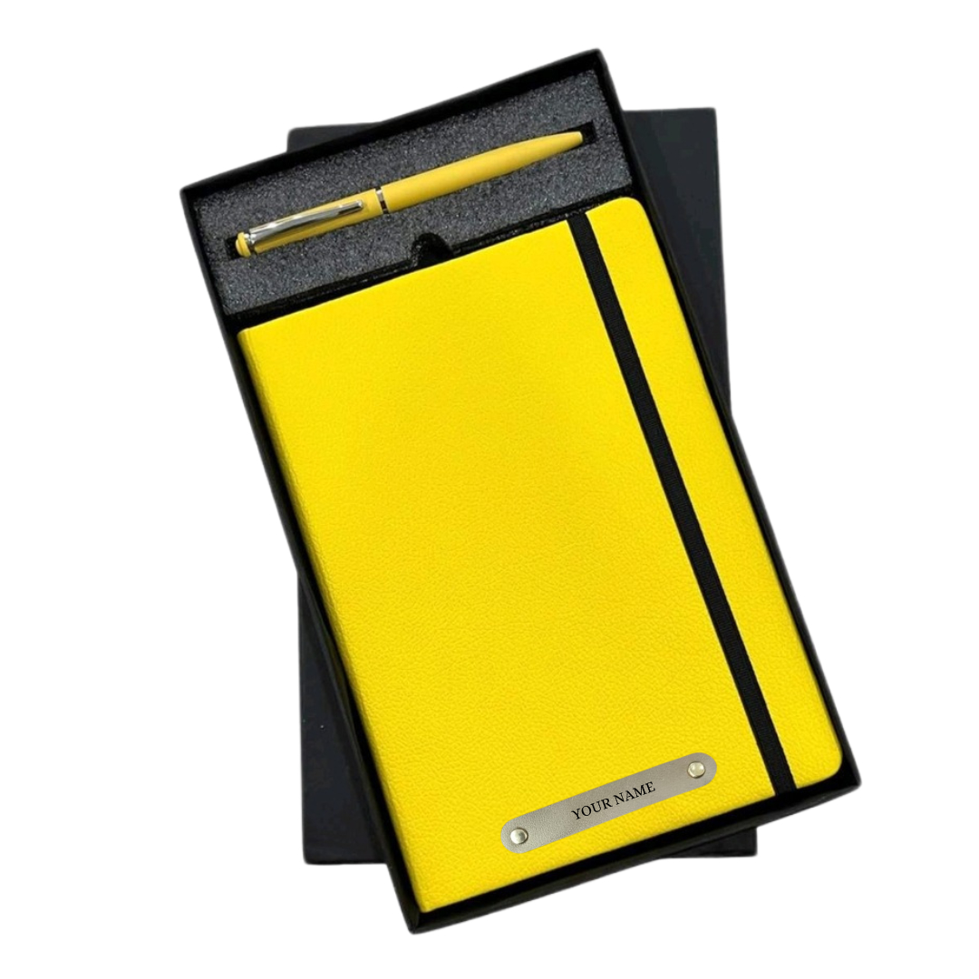 2 in 1 Personalized Office Gift Set of Pen and Notebook Diary with Your Name Engraved, A gift for all Corporate and Personal Occasions - Yellow