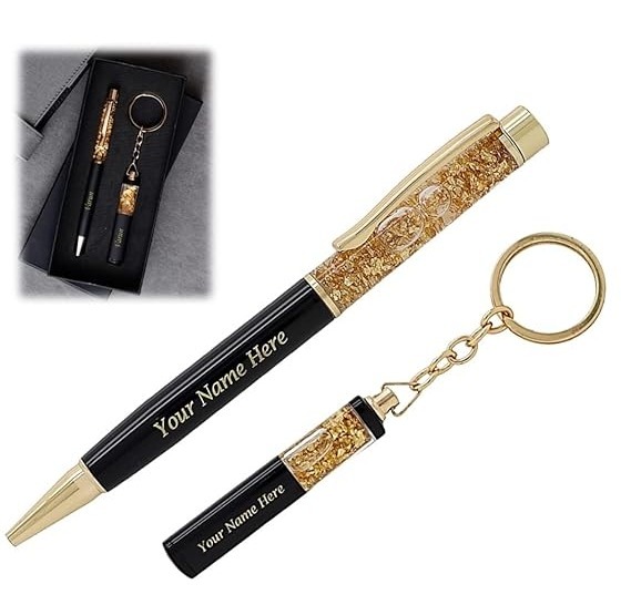 Personalized Name Engraved Metal Golden Ball Pen & Key chain Gift Set For Gifting with Box - Black