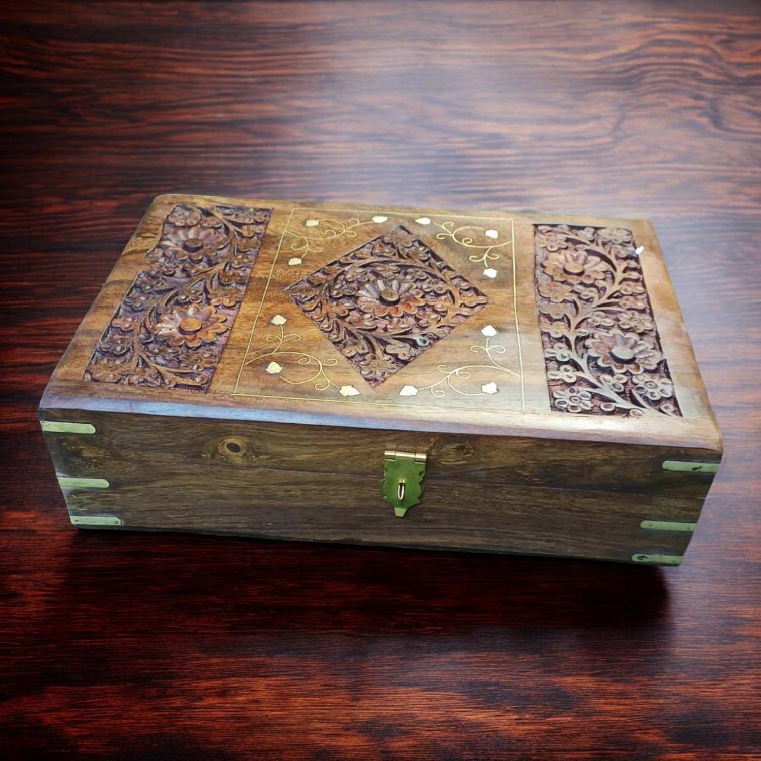 Sold By ZAIN HOME DECOR Jewellery Box Carving with Brass Inlay