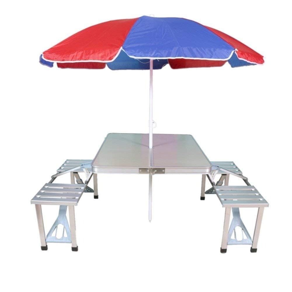 Heavy Duty Aluminum Portable Folding Picnic Table&Chairs Set With Umbrella (Silver)