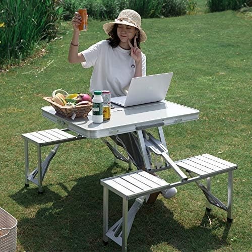 Heavy Duty Aluminum Portable Folding Picnic Table&Chairs Set With Umbrella (Silver)