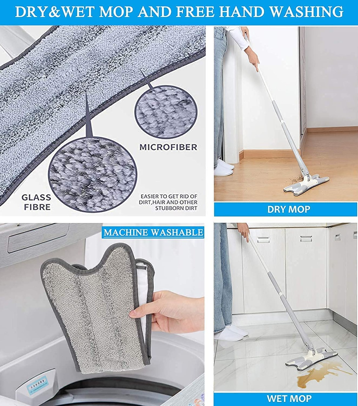 X Shape Mop or Floor Cleaning Hands-Free Squeeze Microfiber Flat Mop System 360° Flexible Head, Wet and Dry mop for Home Kitchen with 1 Super-Absorbent Microfiber Pads