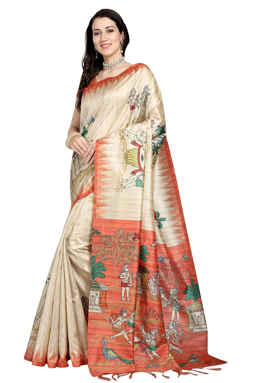 OURPLANET Artificial Tussar Silk Bhagalpuri Saree with Tassels and Printed Tribal Art Paintings - 5.50 meter