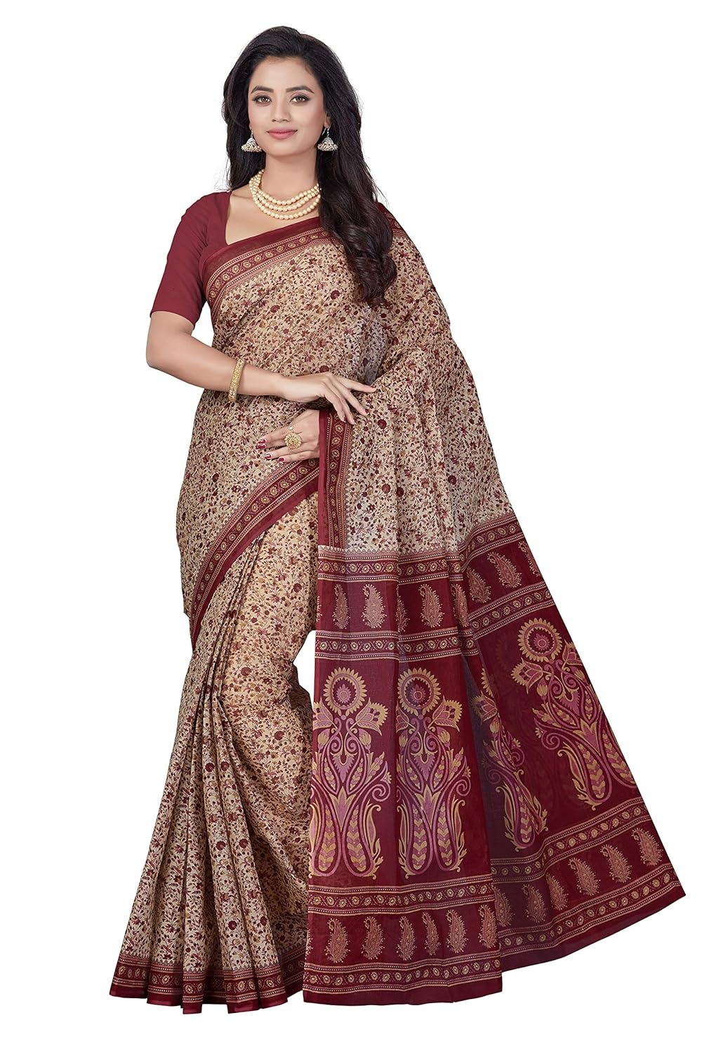 OURPLANET Women's Pure Cotton Printed Saree Without Blouse Piece - Beige-Brown