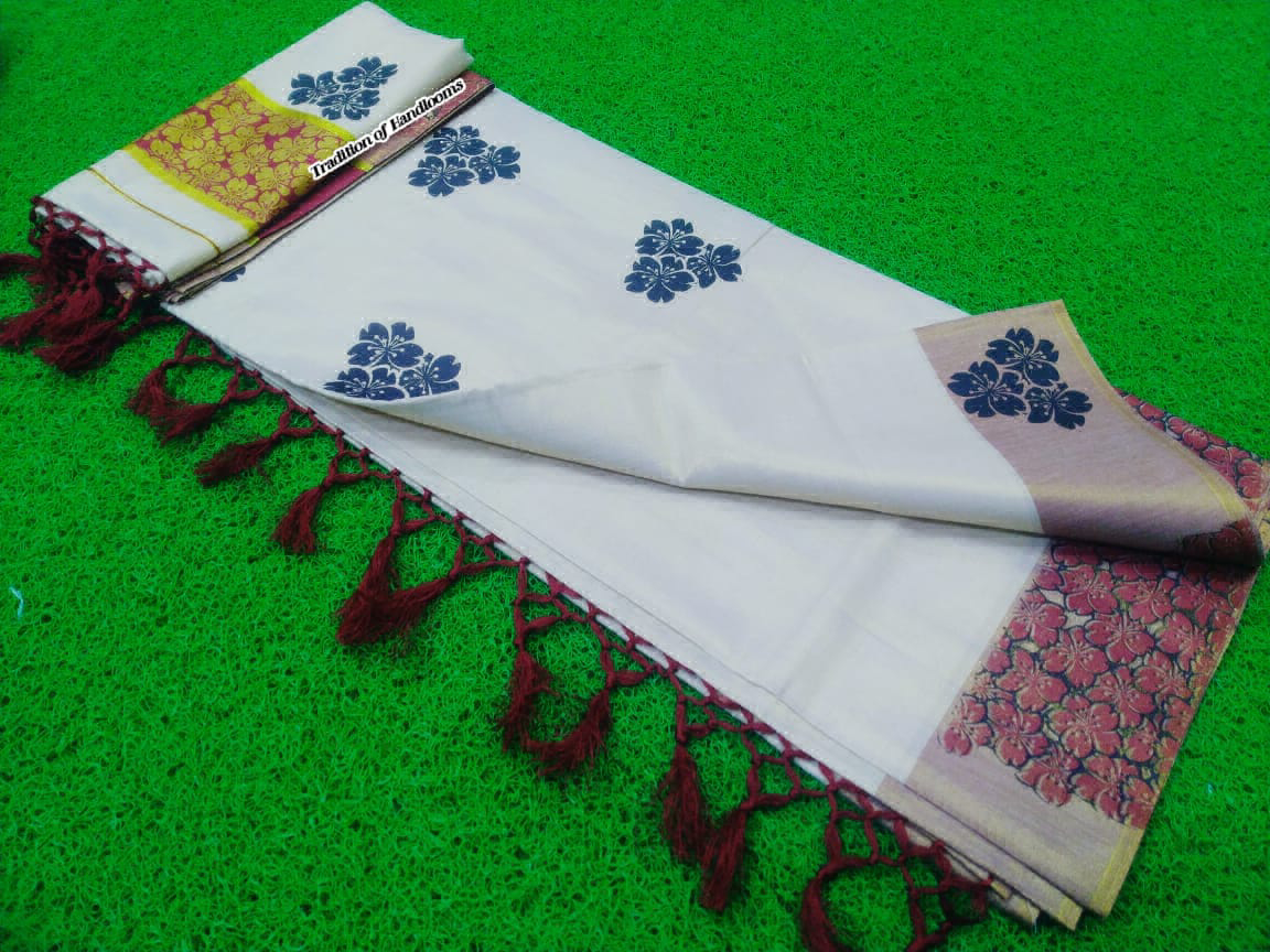 Golden Tissue Fancy Print Saree 6.25 mtr from Kuttampalli - Sky Blue