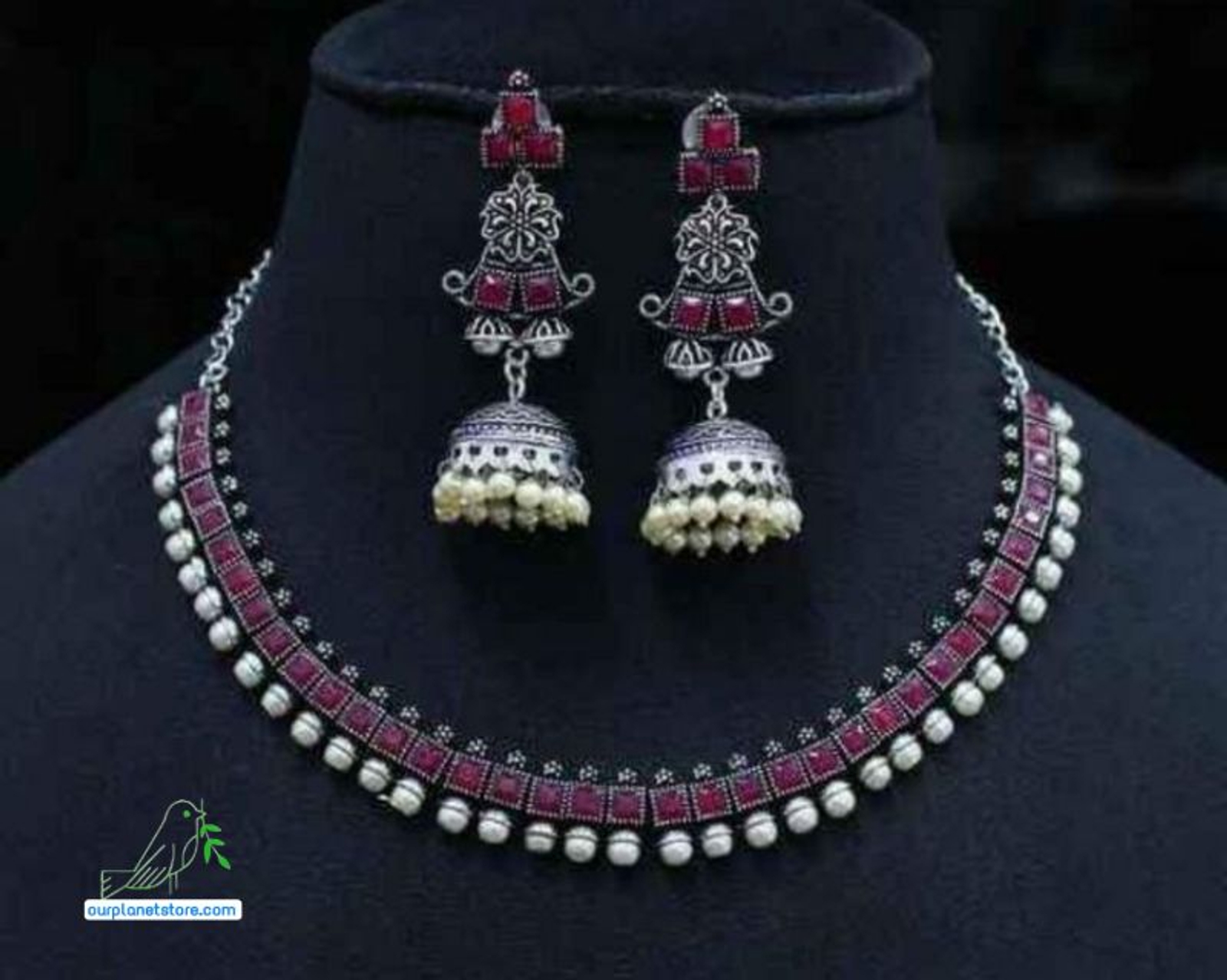 Beautiful Oxidised Silver Necklace and Jumki - #e91e63