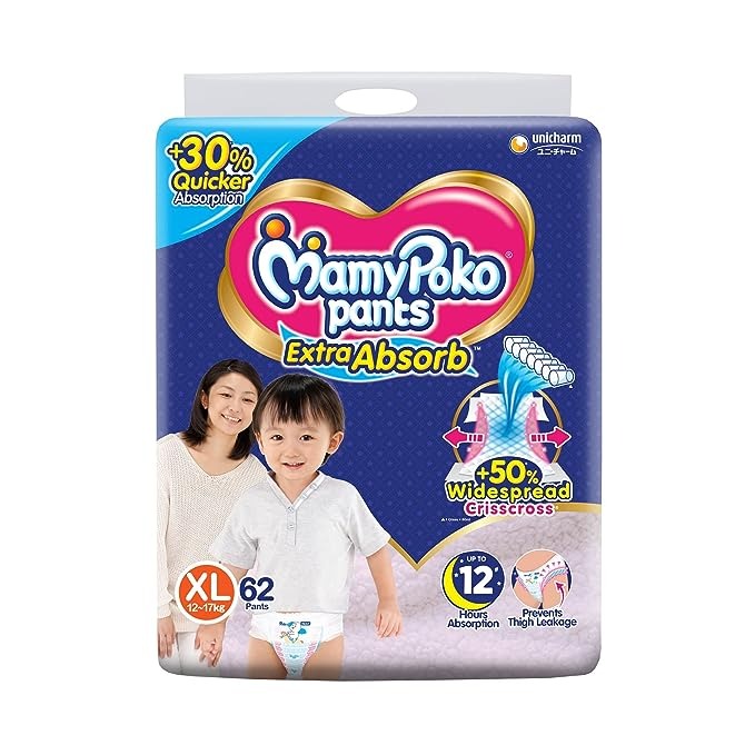 MamyPoko Pants Extra Absorb Baby Diapers, X-Large (XL), 62 Count, 12-17kg