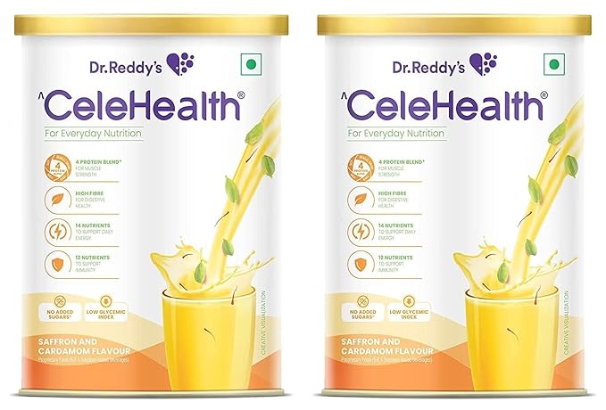 Dr. Reddy�s Celehealth Nutritional Drink, Saffron and Cardamon Flavour, 400g, Protein Supplement for daily use, Low Glycemic Index, Zero Added Sugar, Supports Immunity, Supports Muscle & Digestive Health,