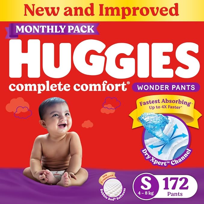 Huggies Complete Comfort Wonder Pants, Small (S) Size Baby Diaper Pants, Combo Pack of 2, 86 count Per Pack, (172 count) with 5 in 1 Comfort