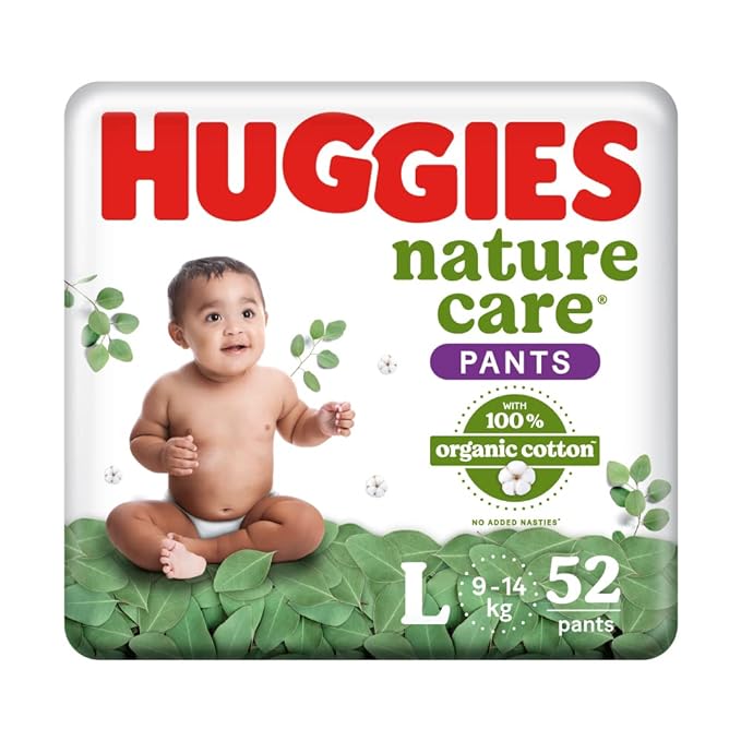 Huggies Nature Care Pants, Large Size (9-14 Kg) Premium Baby Diaper Pants, 52 Count, Made with 100% Organic Cotton