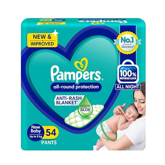 Pampers All Round Protection Pants, New Born/Extra Small (NB/XS) Size, 54 Count, Pant Style Baby Diapers, Anti Rash Blanket, Lotion with Aloe Vera, Up to 5kg Diapers