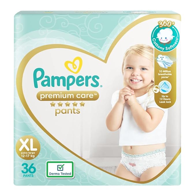 Pampers Premium Care Pant Style Baby Diapers, X-Large (XL) Size, 36 Count, All-in-1 Diapers with 360 Cottony Softness, 12-17kg Diapers