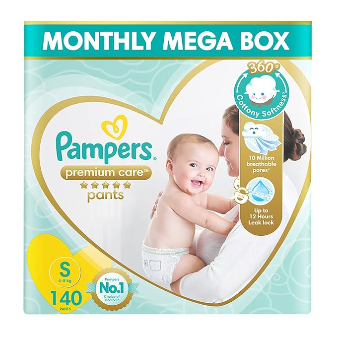 Pampers Premium Care Pants Style Baby Diapers, Small (S) Size, 140 Count, All-in-1 Diapers with 360 Cottony Softness, 4-8kg Diapers