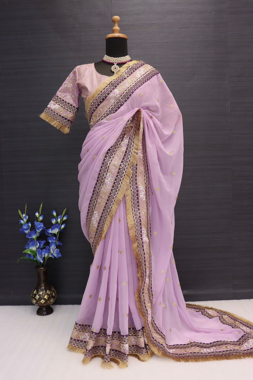 Embroidery Work Sequence Saree  - Free