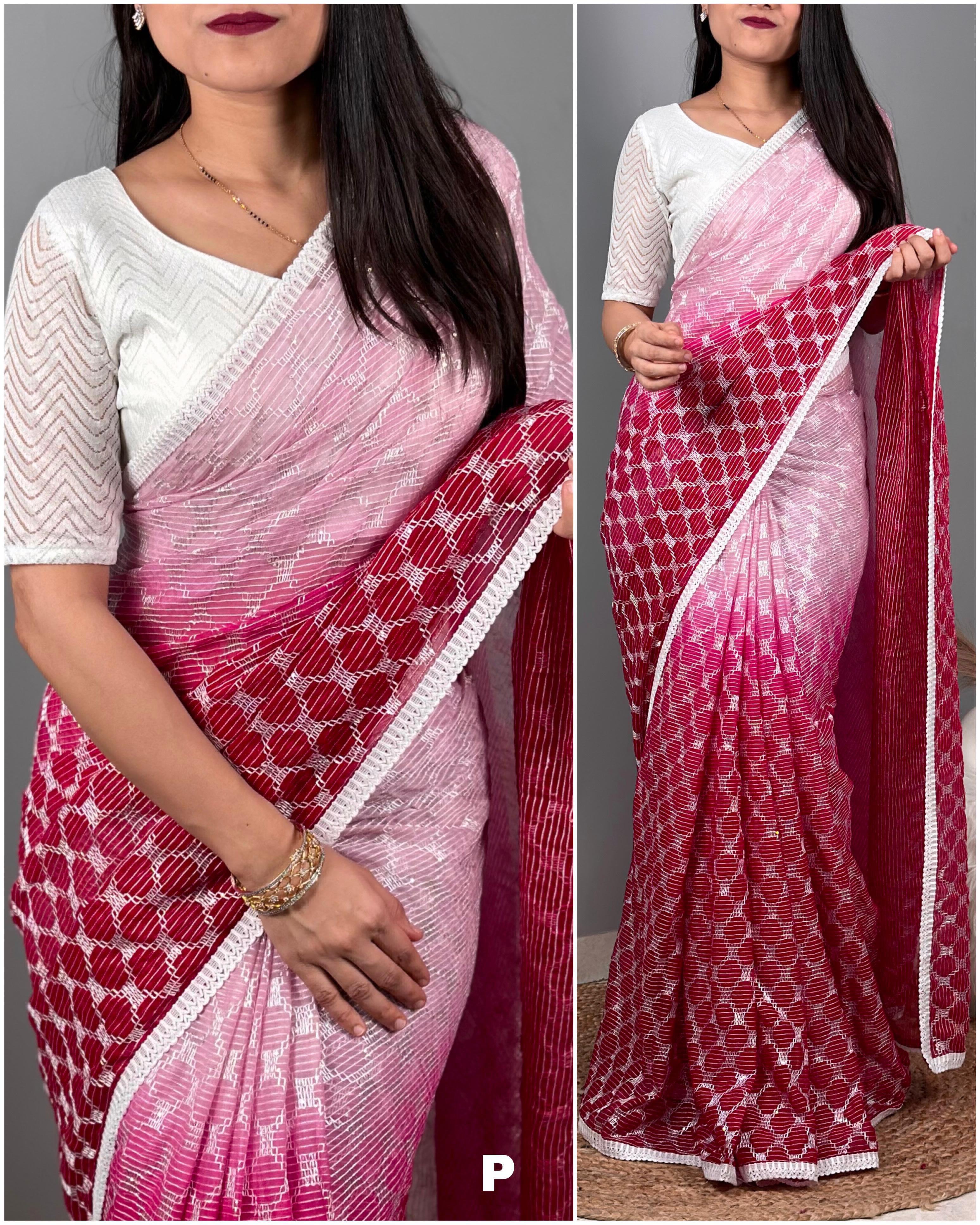 Beautiful Crossi Work Saree  - rani