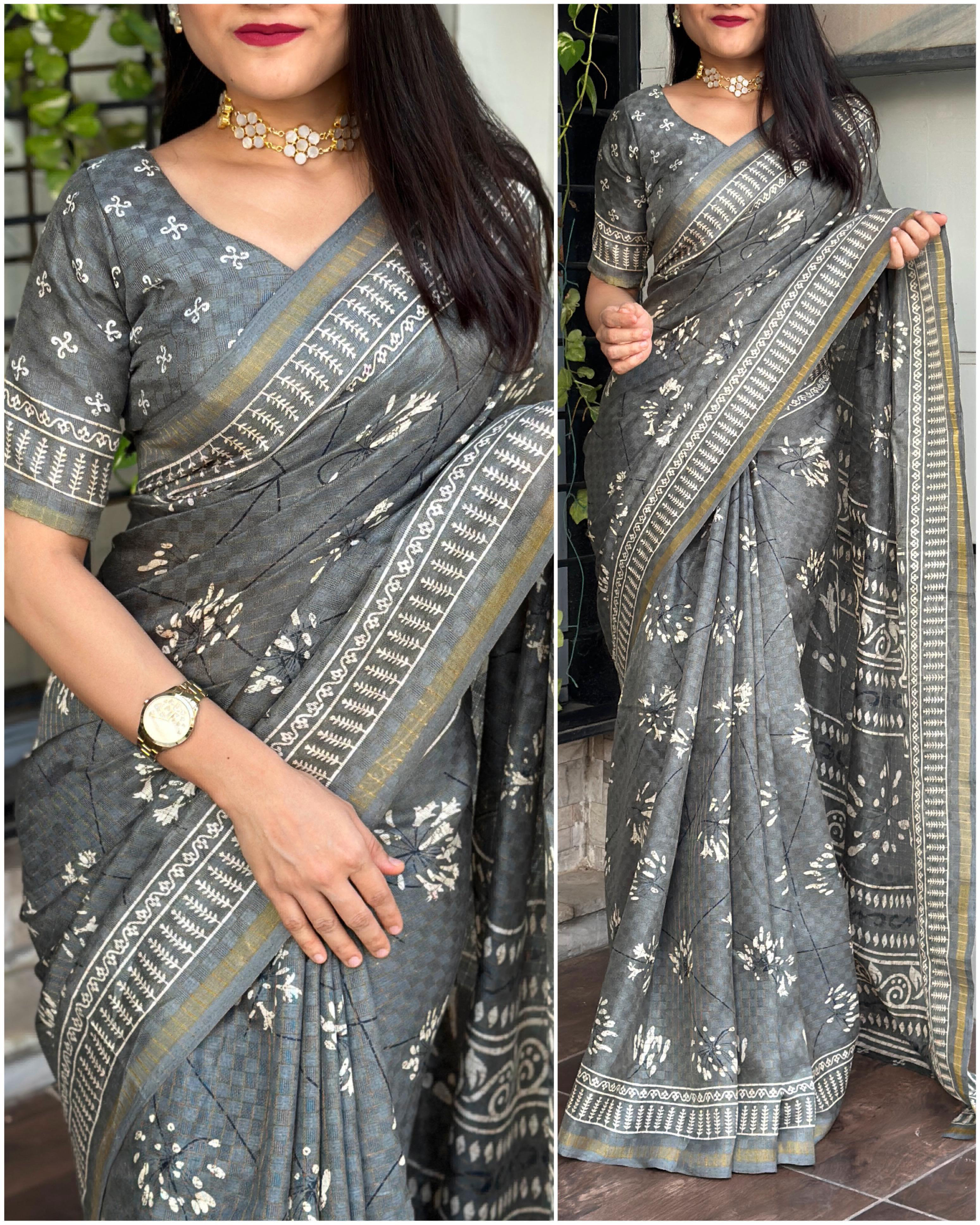 Beautiful Printed Check Weaving Saree - Gray