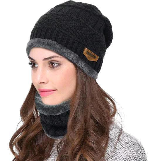 Woolen Cap And Muffler Set - Black