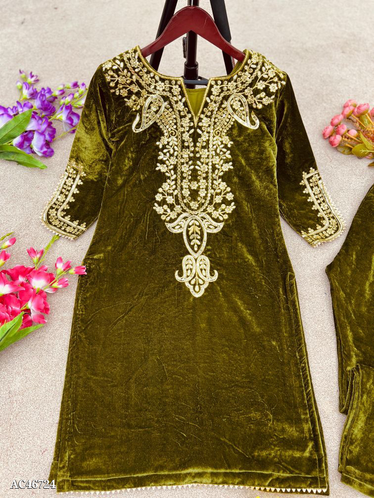 Party Wear Valvet Embroidery Suit - Gold, M