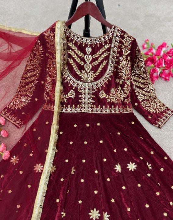 Heavy Embroidery Work Suit - maharoon, XXL