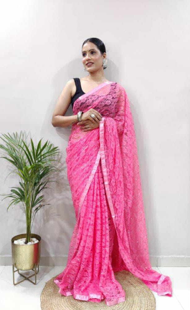 Soft Net Barosa Saree - Blush Pink