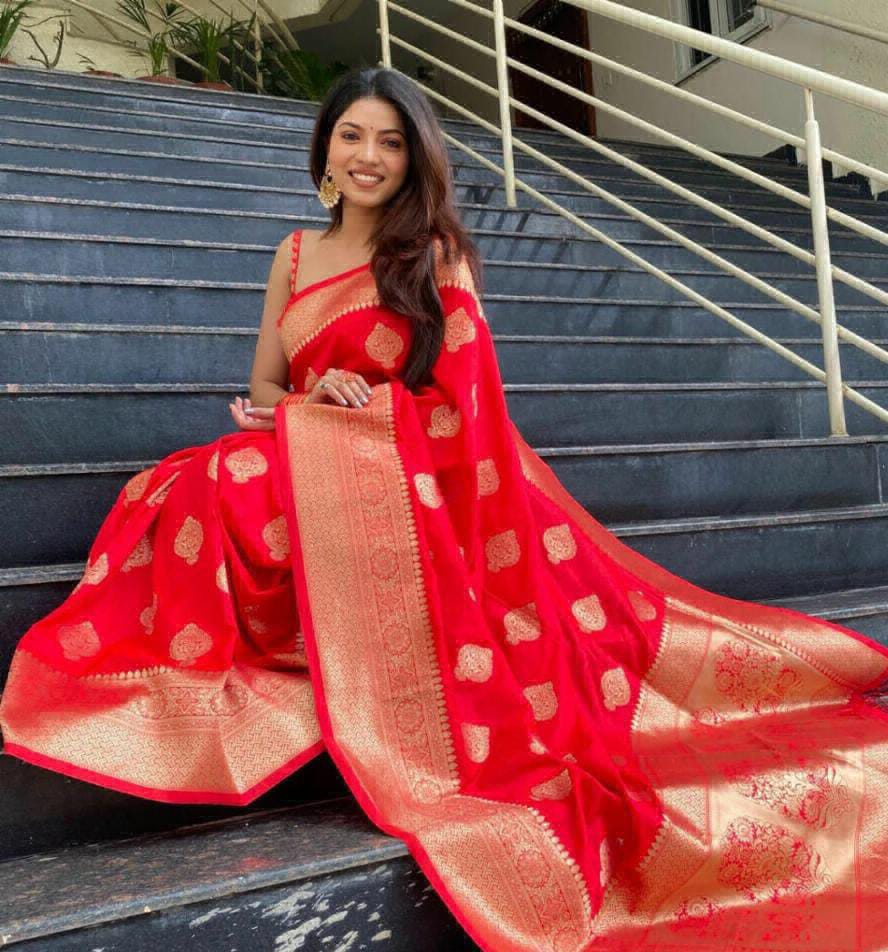 Soft Lichi Silk Saree - Red