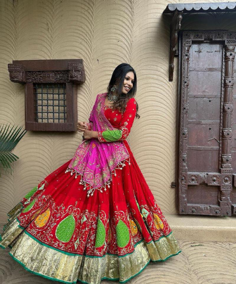 Beautiful Mirror Work Lehanga Chunni Collection  - Red