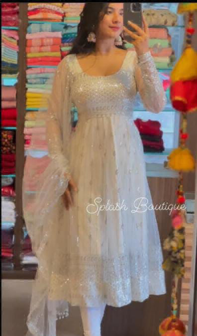 Beautiful Embroidery Gown  - White, XXL