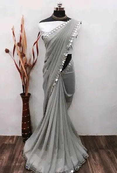 Mirror Lace Work Saree - Gray