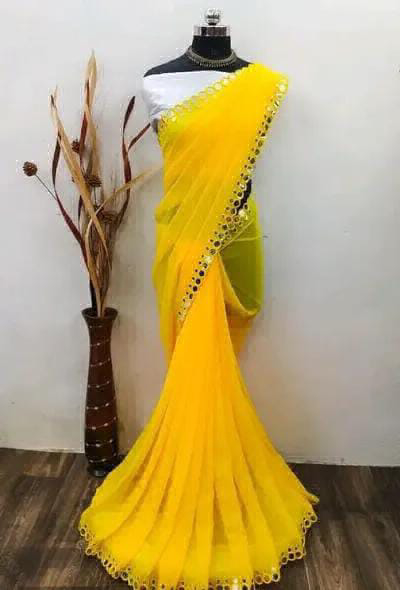 Mirror Lace Work Saree - Yellow