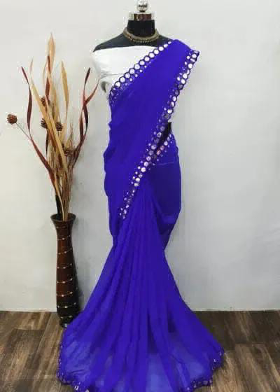 Mirror Lace Work Saree - Blue