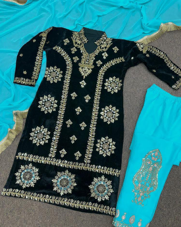 Party Wear Valvet Suits - Turquoise, XL