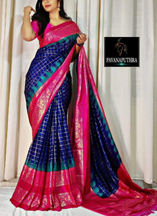 Dola Silk Check Print Saree - Green