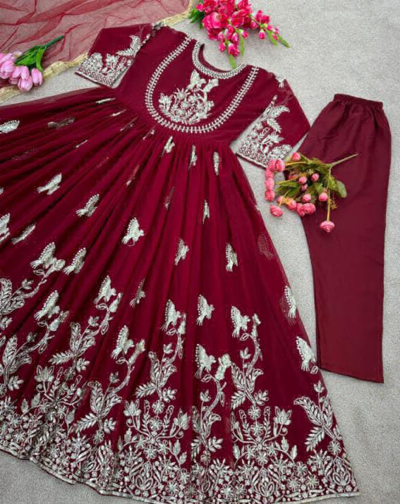 Embroidery Work Gown With Dupatta  - Bright Red, M