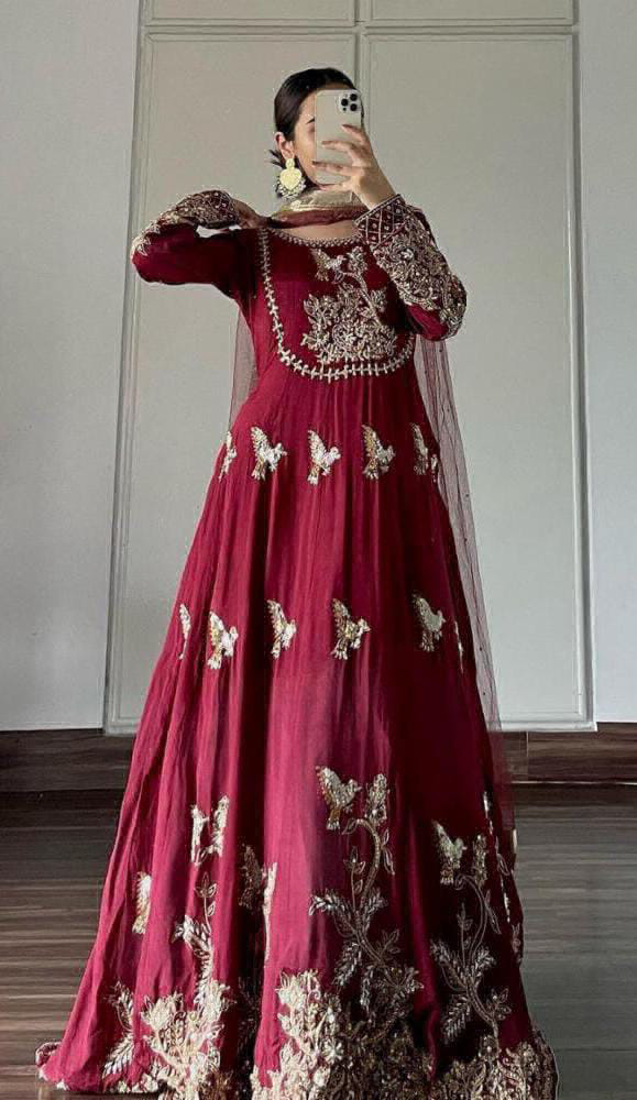 Embroidery Work Gown With Dupatta  - Bright Red, XL