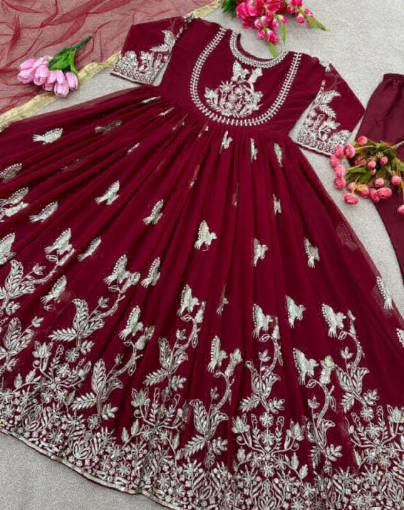 Embroidery Work Gown With Dupatta  - Bright Red, XL