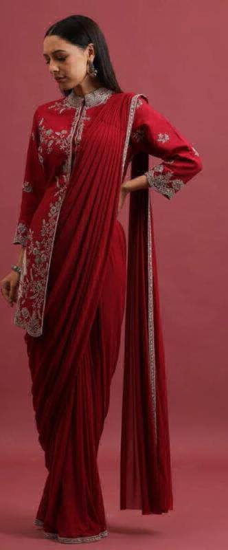 Ready To Wear Saree With Koti  - Red, Free Up To 42