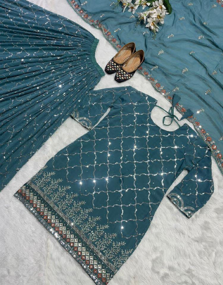 Beautiful Top Plazo Set - Teal, Xxl