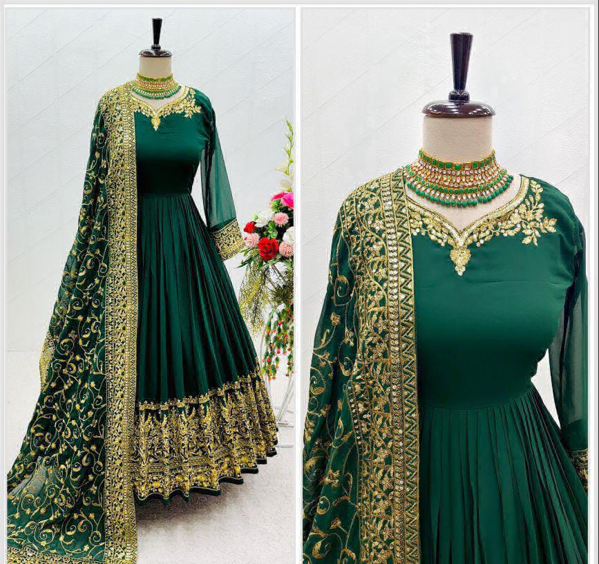 Beautiful Embroidery Work Gown  - Green, L