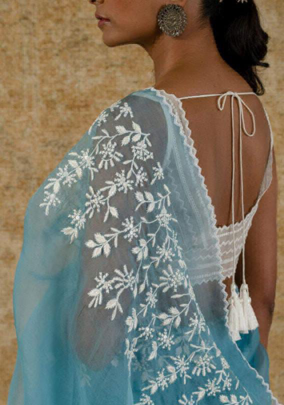 Organza Saree Embroidery Work  - sky blue