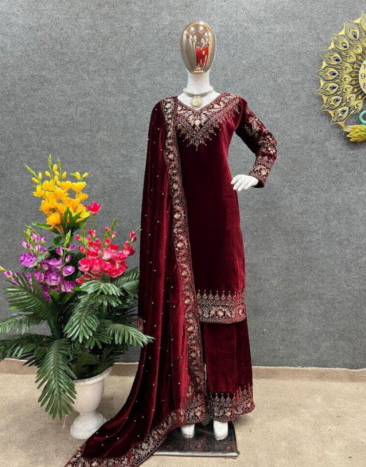 Valvet Embroidery Work Suit - maharoon, M