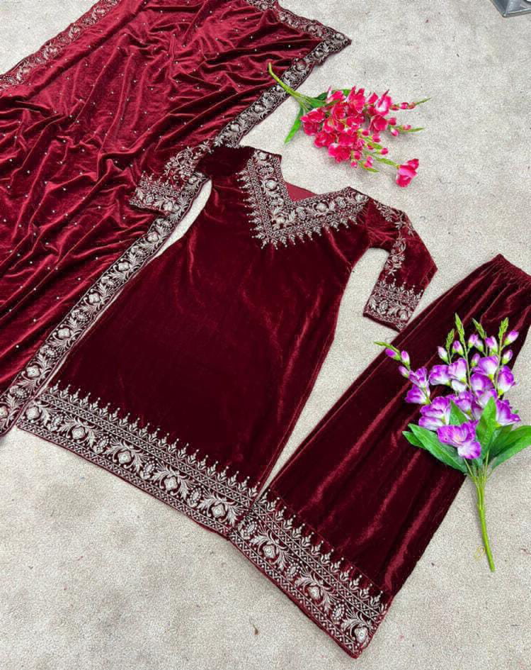 Valvet Embroidery Work Suit - maharoon, M