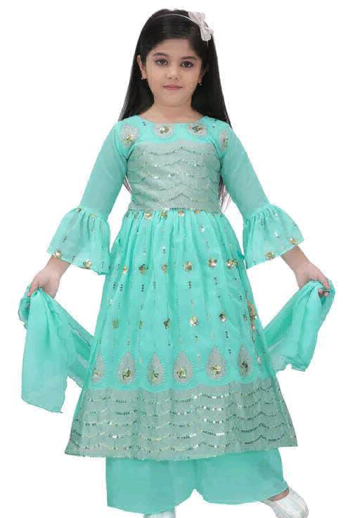 Girls Dress Kurta Plazo Duptta Set  - 5-6, Green