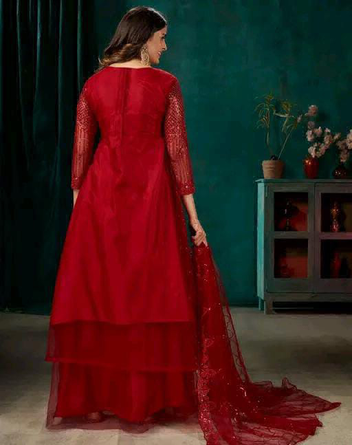 Net Embroidery Suit Material  - Red