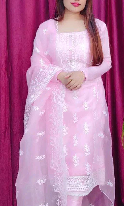 Beautiful Embroidery Work Organza Suit Fabric  - pink