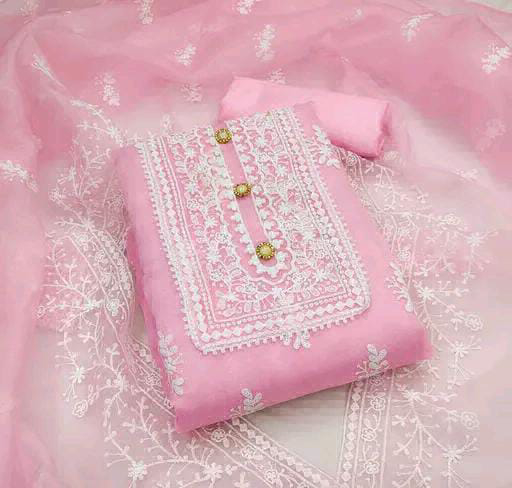 Beautiful Embroidery Work Organza Suit Fabric  - pink