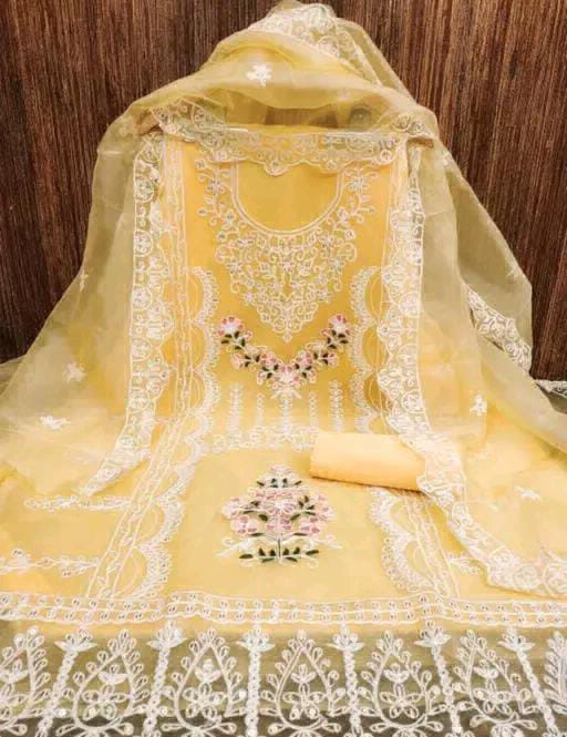 Beautiful Organza Embroidery Suit Material  - Yellow