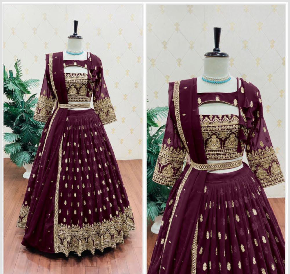 New Collection Sequence Work Lehanga Chunni Collection  - Purple, Free Size Up To 44